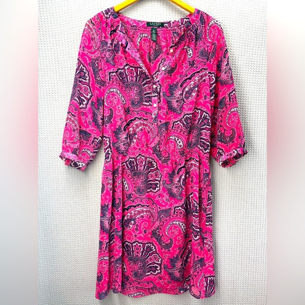 Lauren Ralph Lauren Dress Women's 8P Pink Paisley Long Sleeve Casual Formal Mesh
